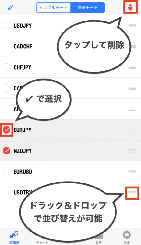 MT4・MT5 スマホアプリ 通貨ペア削除
