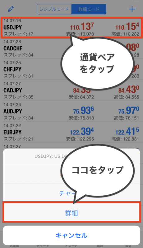 MT4・MT5 スマホアプリ 通貨ペア詳細