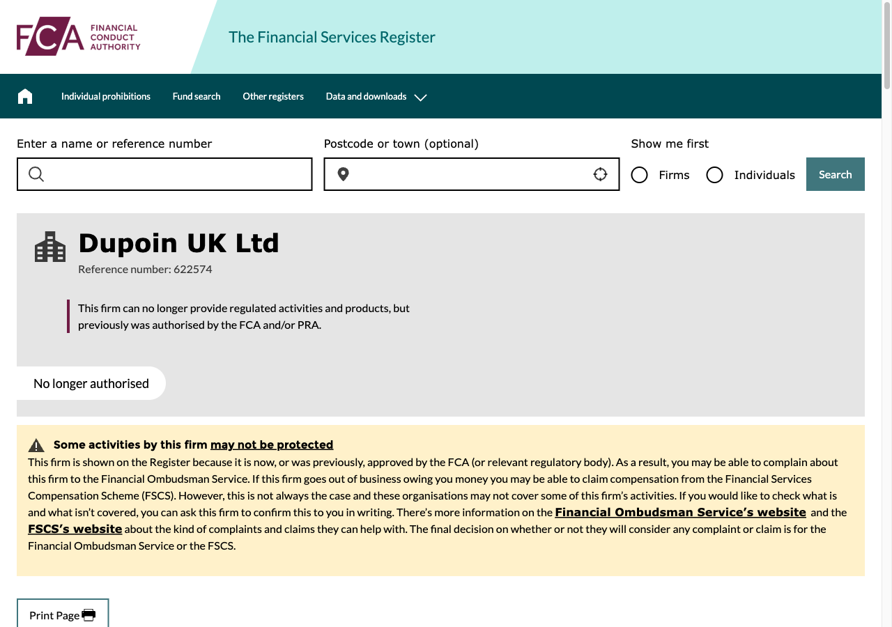 FCA登録簿のDupoin UK Ltd検索結果(No longer authorised)