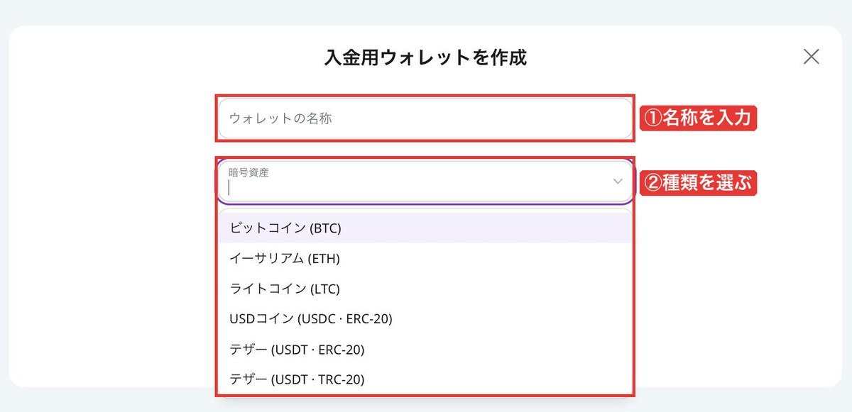 AXIORYポータルの入金用ウォレット作成画面。暗号資産はBTC・ETH・LTC・USDC・USDT（ERC-20／TRC-20）から選ぶ