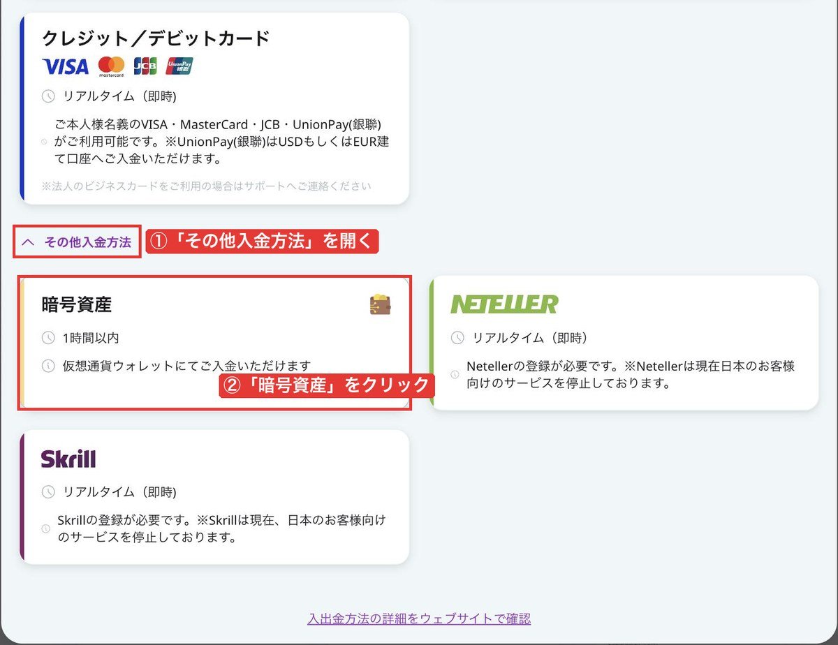 AXIORYポータルの入金方法一覧で「その他入金方法」を開いた画面。暗号資産は1時間以内