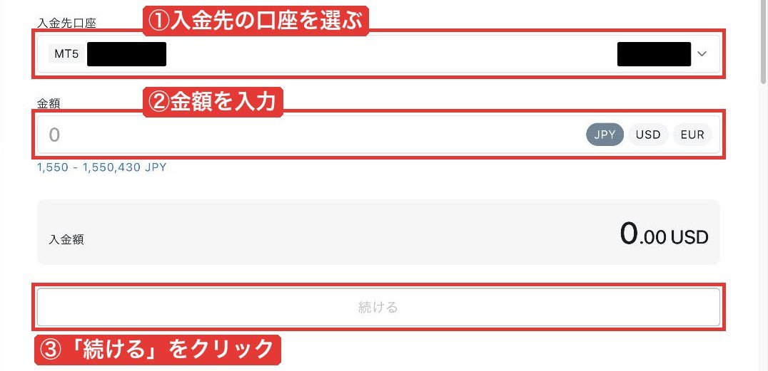 ExnessのBank Card入金画面（入金先口座の選択・金額の入力・「続ける」ボタン）