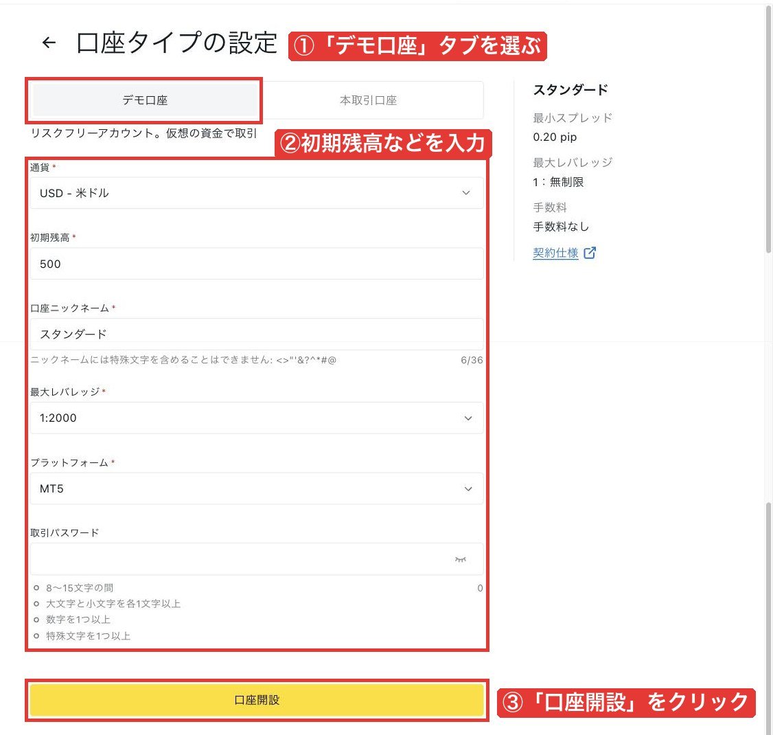 Exnessのデモ口座の設定画面（「デモ口座」タブ・初期残高などの入力欄と「口座開設」ボタン）