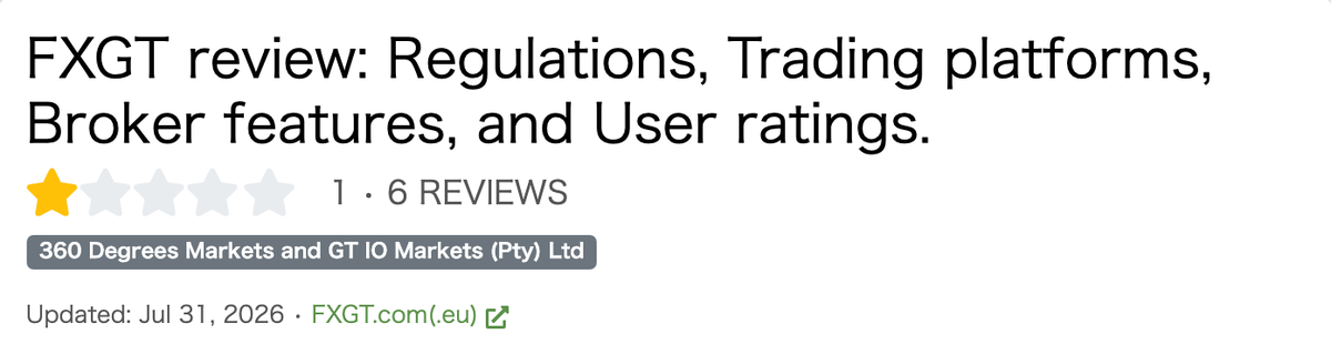 FPA(ForexPeaceArmy.com)のFXGTのページ。評価は5点満点中1点、レビュー6件(2026年7月31日更新)