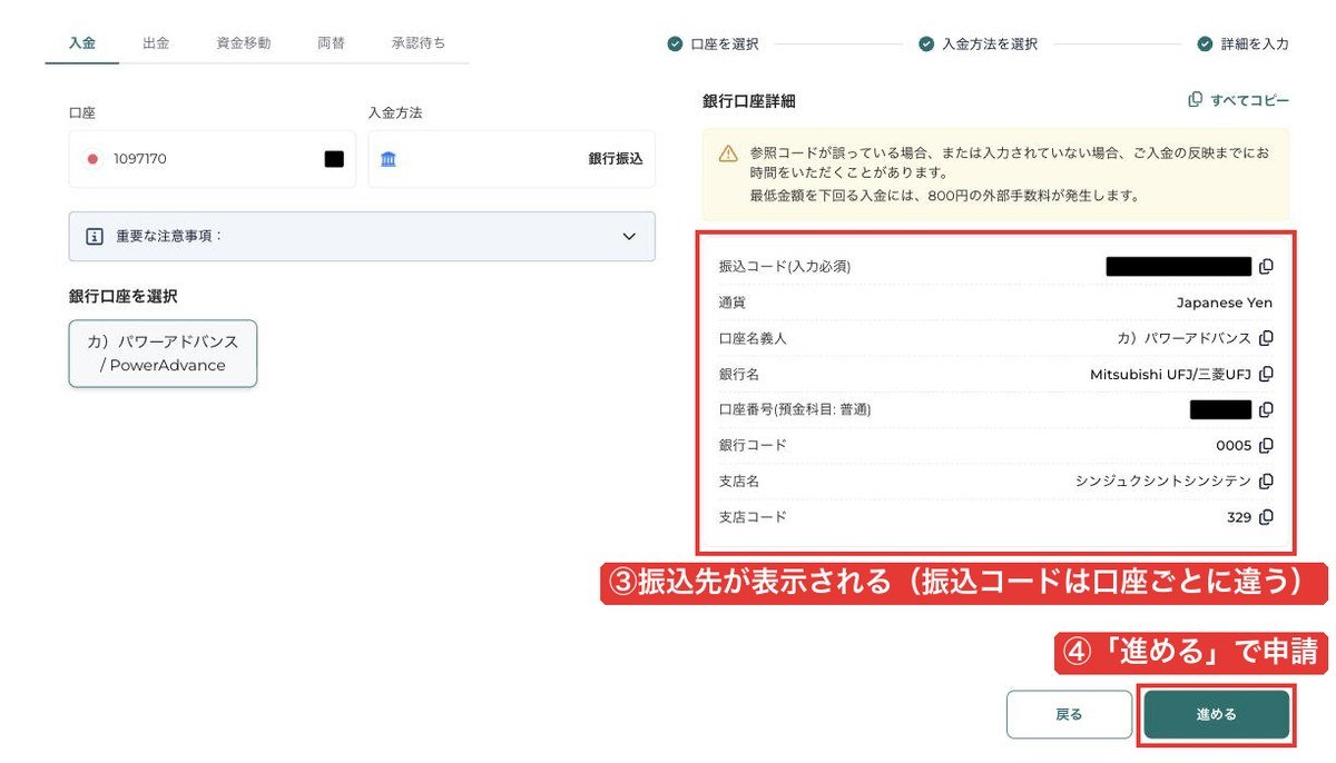 FXGT会員ページの銀行振込の詳細画面（振込先の銀行口座と振込コード）