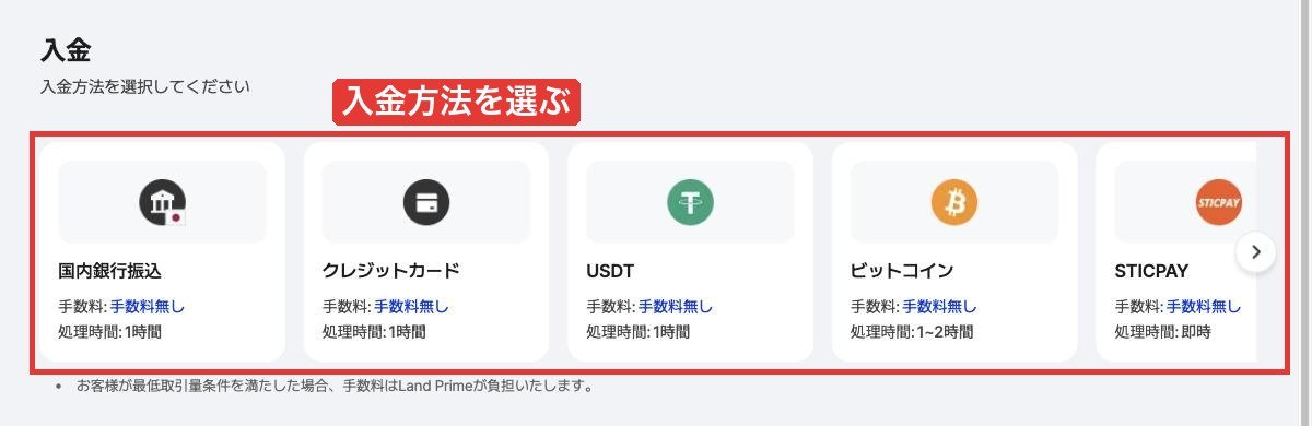 Land Primeマイページの入金方法一覧