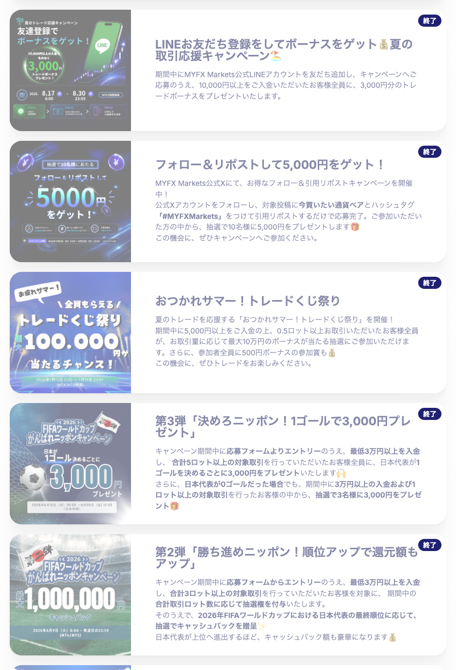 MYFX Marketsの期間限定キャンペーン一覧（2026年）
