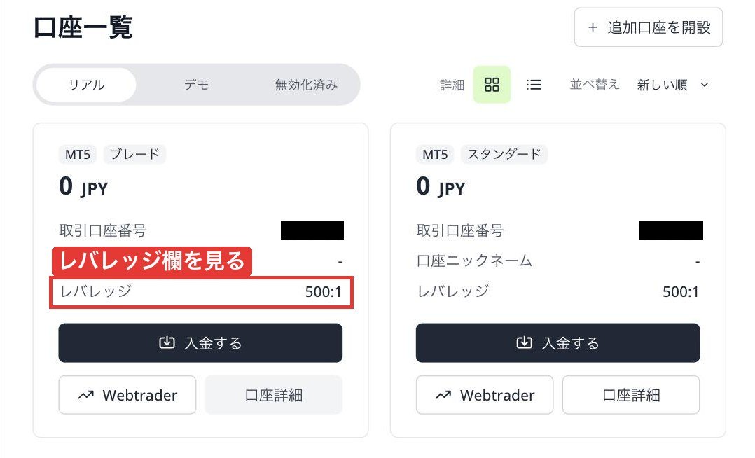 クライアントキャビネットの取引口座に表示されるレバレッジ欄