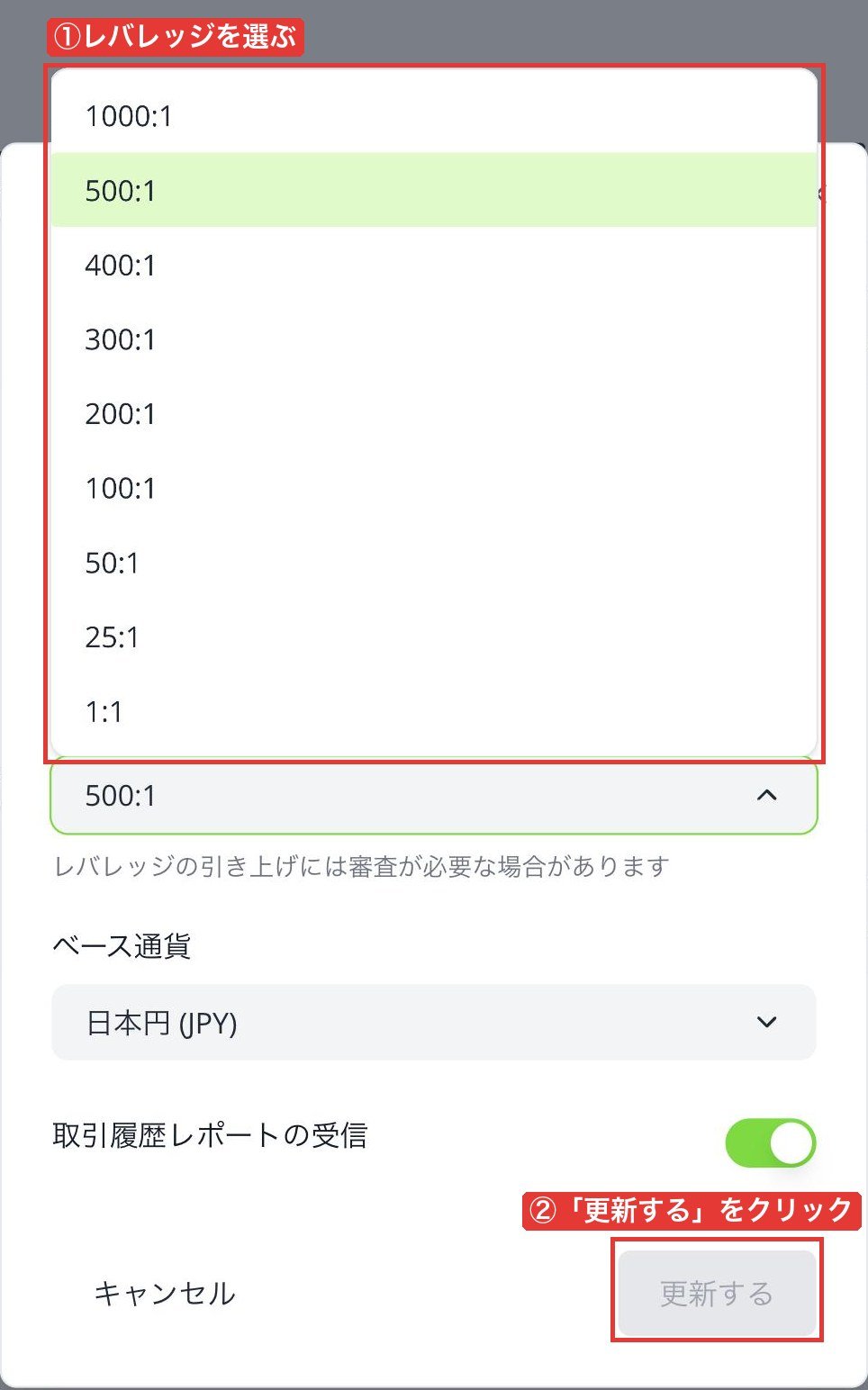 口座設定の変更画面でレバレッジを選んで「更新する」をクリック