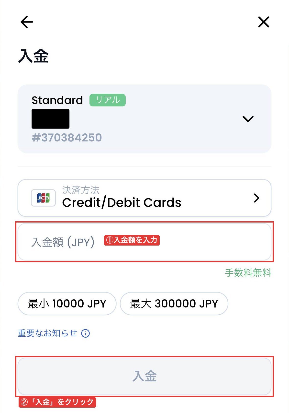 XM TradingポータルのCredit/Debit Cards入金画面（入金額の入力欄、最小10000 JPY・最大300000 JPYの表示、「入金」ボタン）