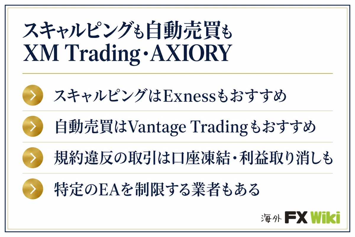 スキャルピングも自動売買もXM Trading・AXIORY。スキャルピングはExnessもおすすめ・自動売買はVantage Tradingもおすすめ・規約違反の取引は口座凍結・利益取り消しも・特…