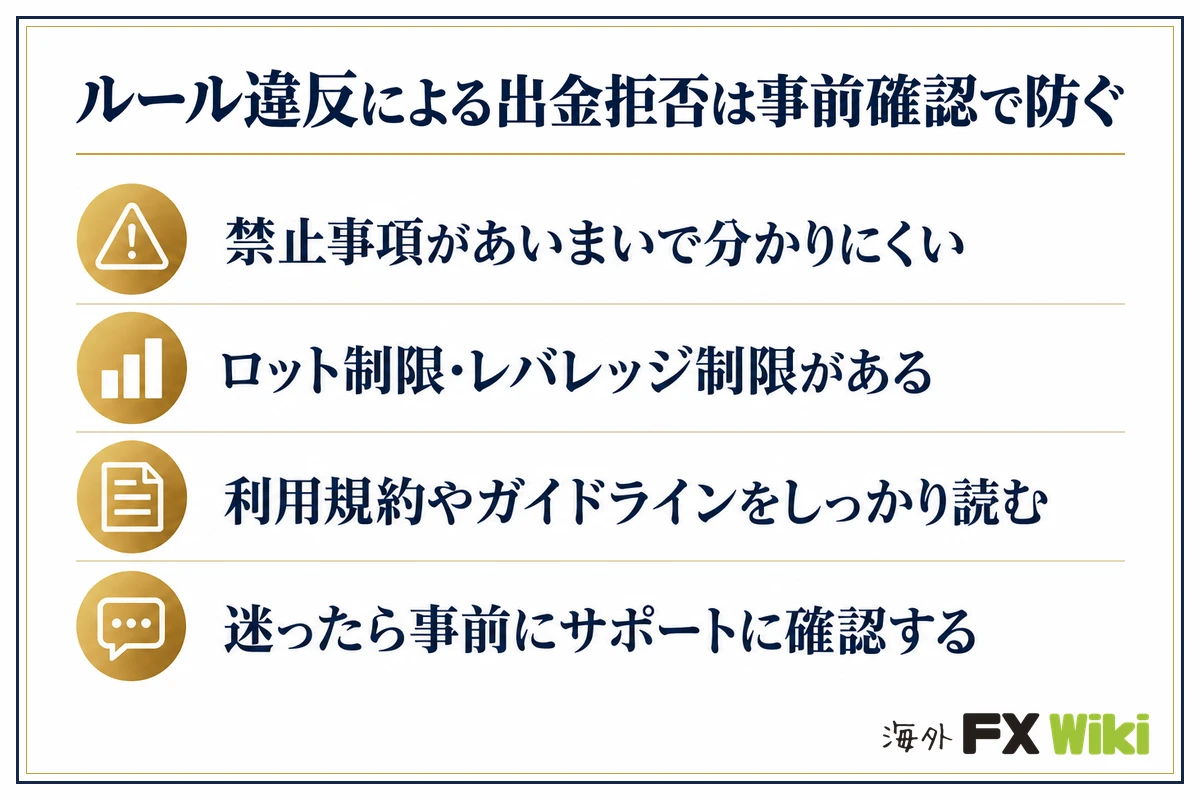 ルール違反による出金拒否は事前確認で防ぐ。禁止事項があいまいで分かりにくい・ロット制限・レバレッジ制限がある・利用規約やガイドラインをしっかり読む・迷ったら事前にサポートに確認する