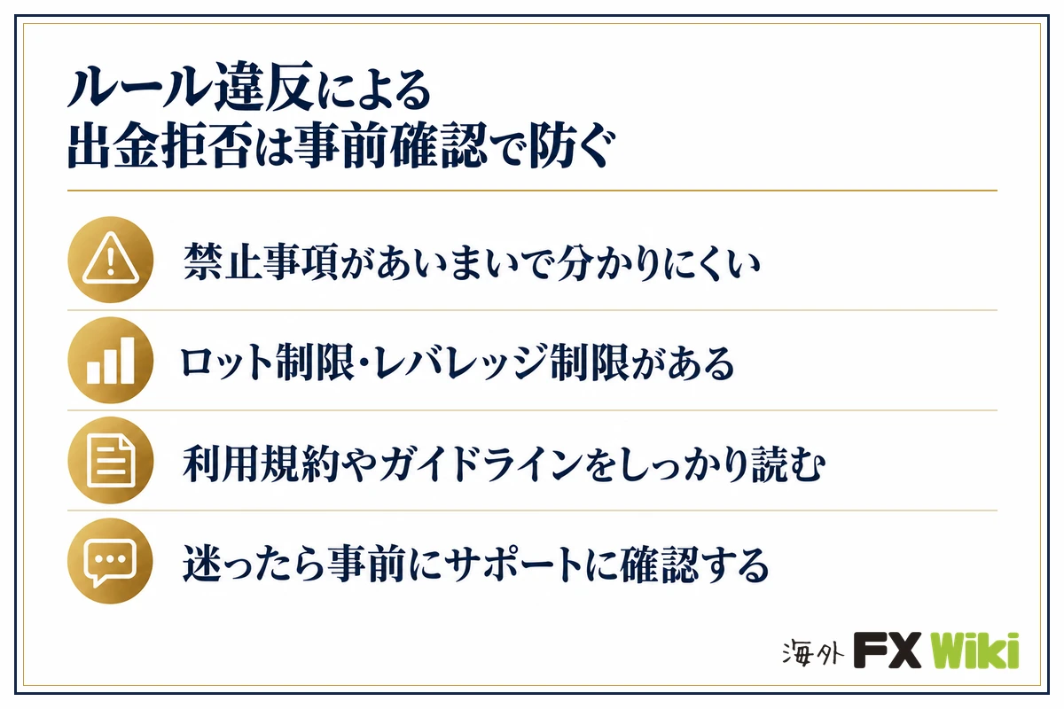 ルール違反による出金拒否は事前確認で防ぐ。禁止事項があいまいで分かりにくい・ロット制限・レバレッジ制限がある・利用規約やガイドラインをしっかり読む・迷ったら事前にサポートに確認する