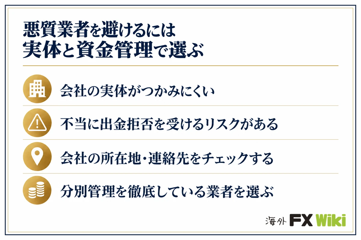 悪質業者を避けるには実体と資金管理で選ぶ。会社の実体がつかみにくい・不当に出金拒否を受けるリスクがある・会社の所在地・連絡先をチェックする・分別管理を徹底している業者を選ぶ