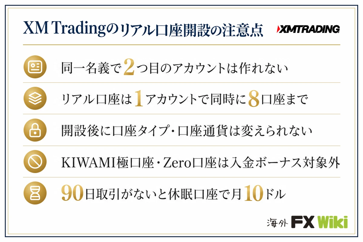 XM Tradingのリアル口座開設の注意点。同一名義で2つ目のアカウントは作れない・リアル口座は1アカウントで同時に8口座まで・開設後に口座タイプ・口座通貨は変えられない