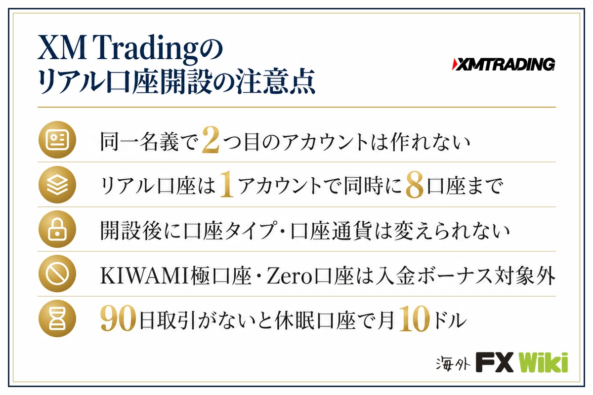 XM Tradingのリアル口座開設の注意点。同一名義で2つ目のアカウントは作れない・リアル口座は1アカウントで同時に8口座まで・開設後に口座タイプ・口座通貨は変えられない