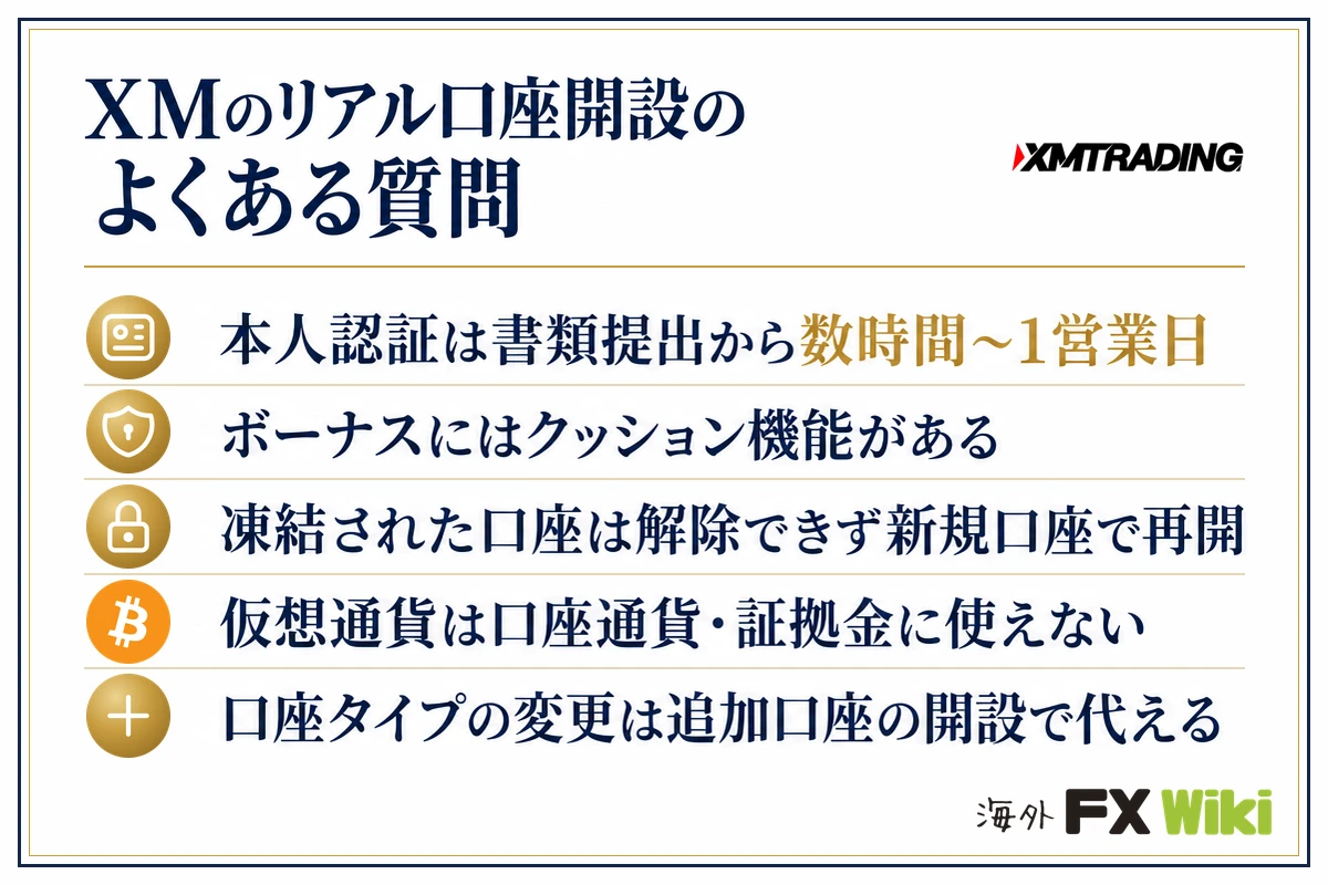 XMのリアル口座開設のよくある質問。本人認証は書類提出から数時間〜1営業日・ボーナスにはクッション機能がある・凍結された口座は解除できず新規口座で再開