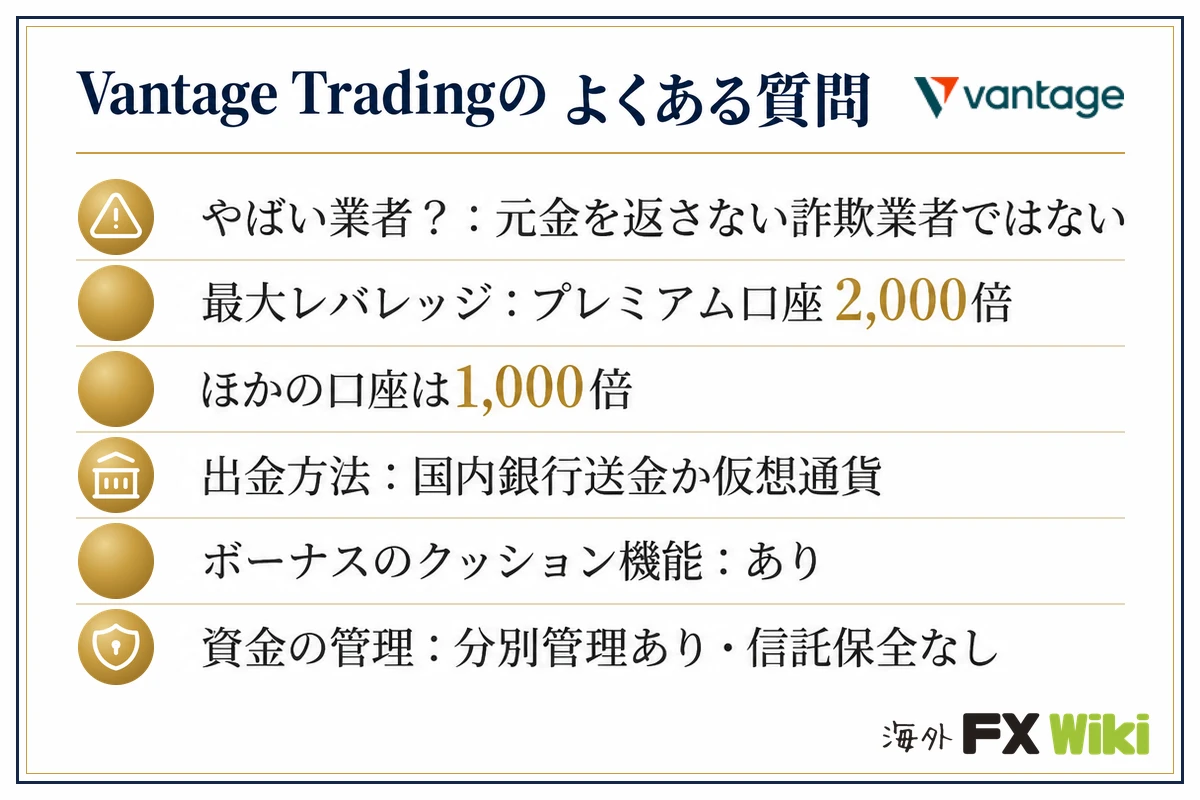Vantage Tradingのよくある質問（やばい業者？：元金を返さない詐欺業者ではない／最大レバレッジ：プレミアム口座2,000倍・ほかの口座は1,000倍／出金方法：国内銀行送金か仮想通貨／ボーナスのクッション機能：あり／資金の管理：分別管理あり・信託保全なし）
