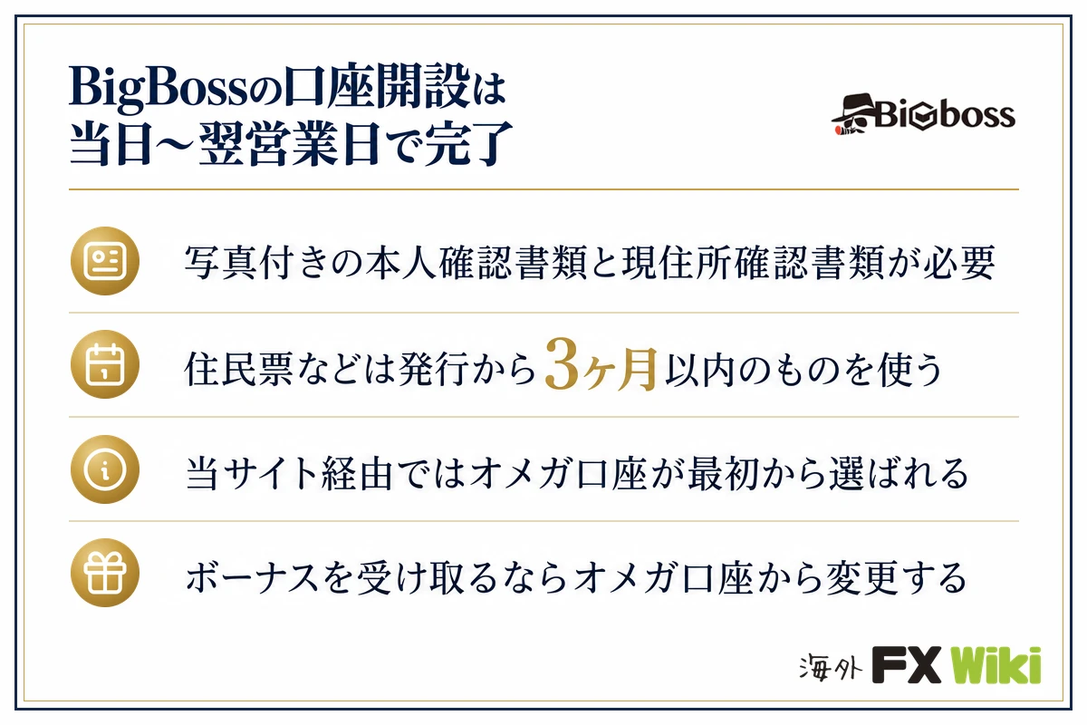 BigBossの口座開設は当日〜翌営業日で完了。写真付きの本人確認書類と現住所確認書類が必要・住民票などは発行から3ヶ月以内のものを使う・当サイト経由ではオメガ口座が最初から選ばれる