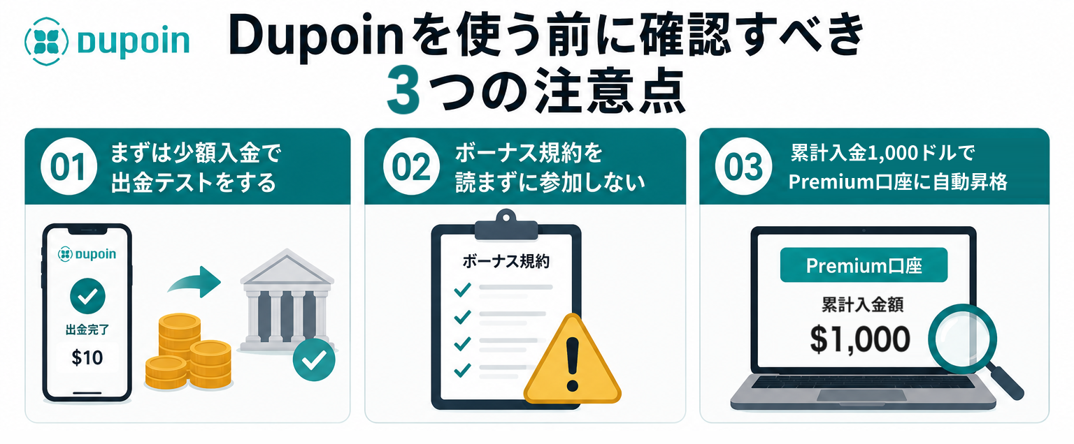 Dupoinを使う前に確認すべき3つの注意点（少額入金で出金テスト・ボーナス規約・累計入金1,000ドルでPremium口座に自動昇格）