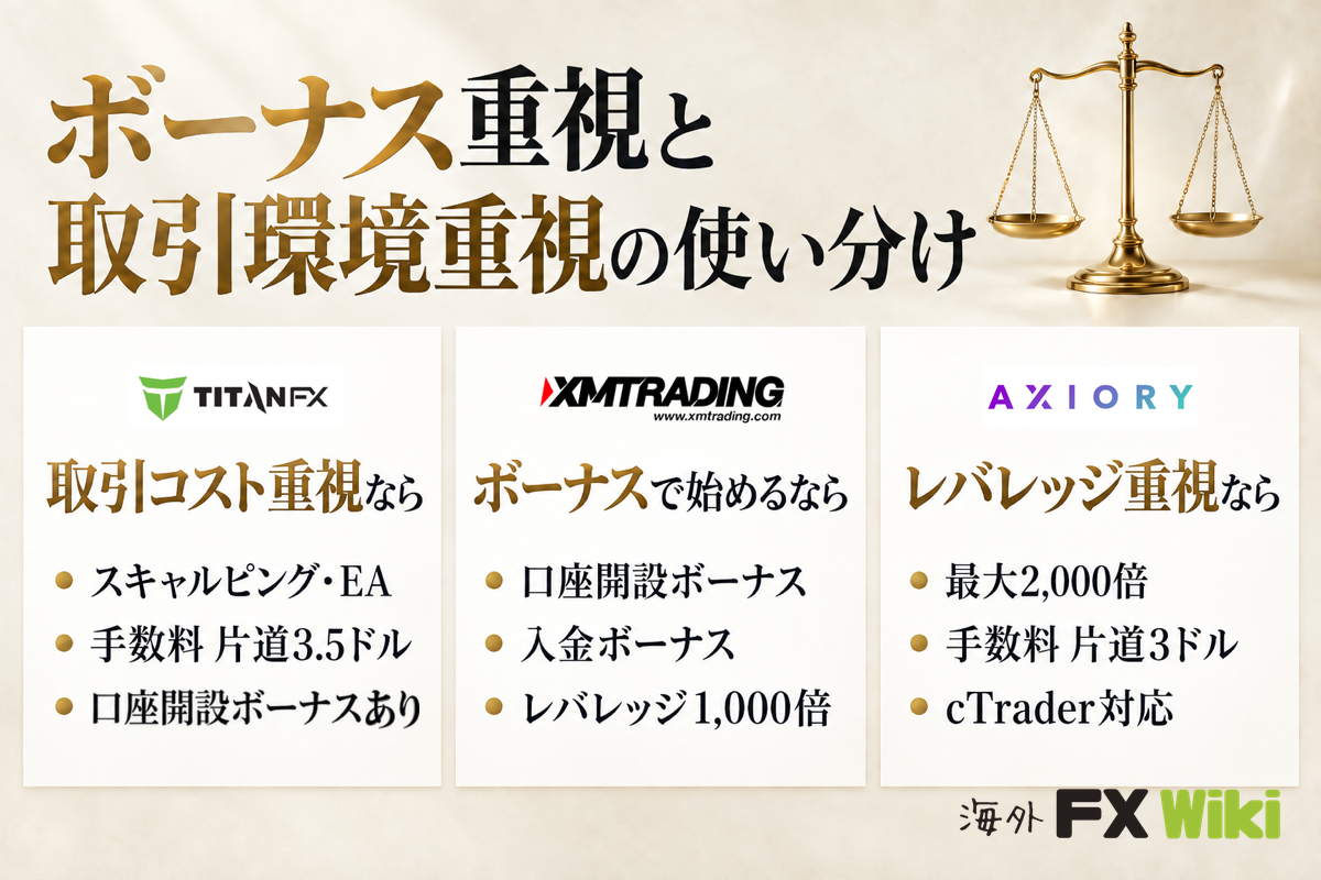 ボーナス重視と取引環境重視の使い分け（Titan FX・XM Trading・AXIORYの向いている人）