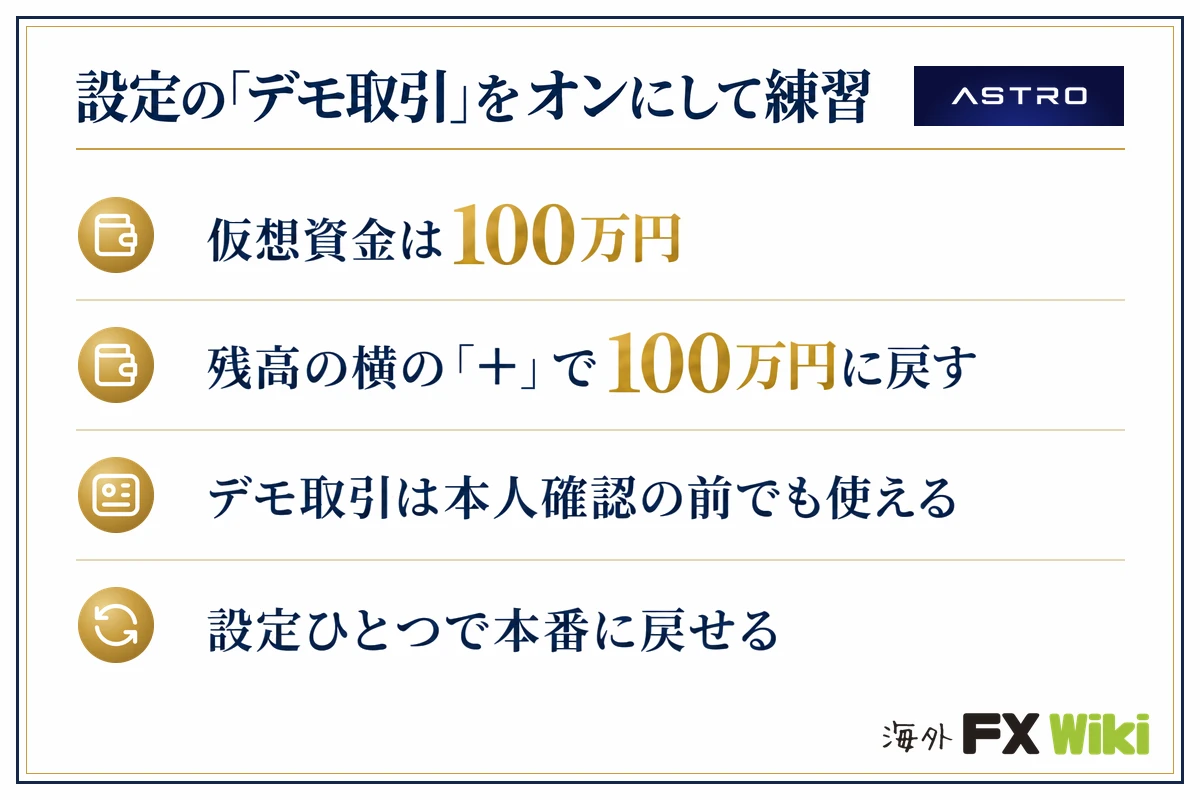 ASTRO（アストロ）設定の「デモ取引」をオンにして練習（仮想資金は100万円・残高の横の「＋」で100万円に戻す・デモ取引は本人確認の前でも使える・設定ひとつで本番に戻せる）