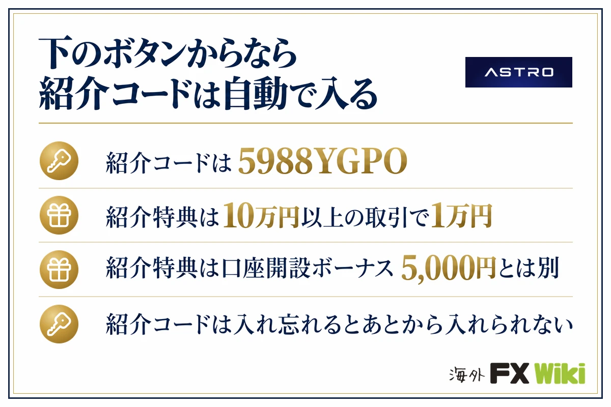 ASTRO(アストロ)下のボタンからなら紹介コードは自動で入る(紹介コードは5988YGPO・紹介特典は10万円以上の取引で1万円・紹介特典は口座開設ボーナス5,000円とは別・紹介コードは入れ忘れるとあとから入れられない)