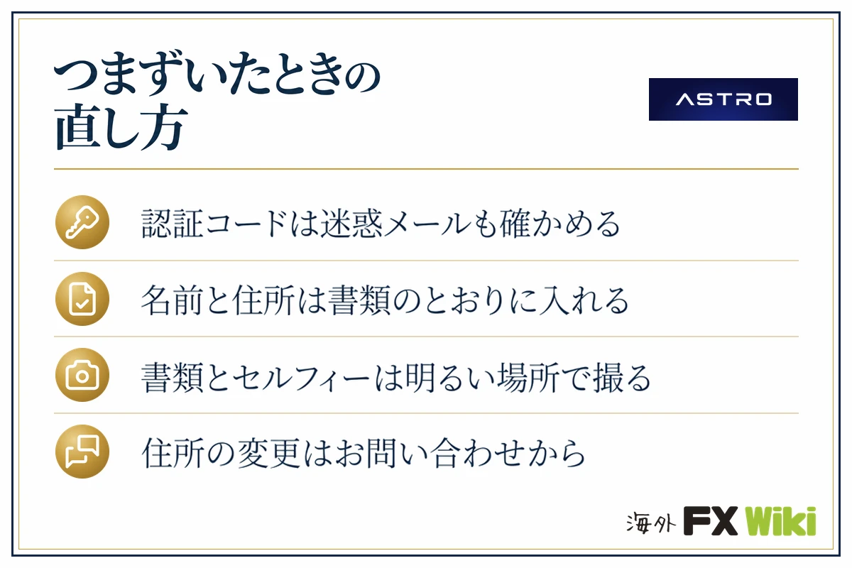 ASTRO(アストロ)つまずいたときの直し方(認証コードは迷惑メールも確かめる・名前と住所は書類のとおりに入れる・書類とセルフィーは明るい場所で撮る・住所の変更はお問い合わせから)