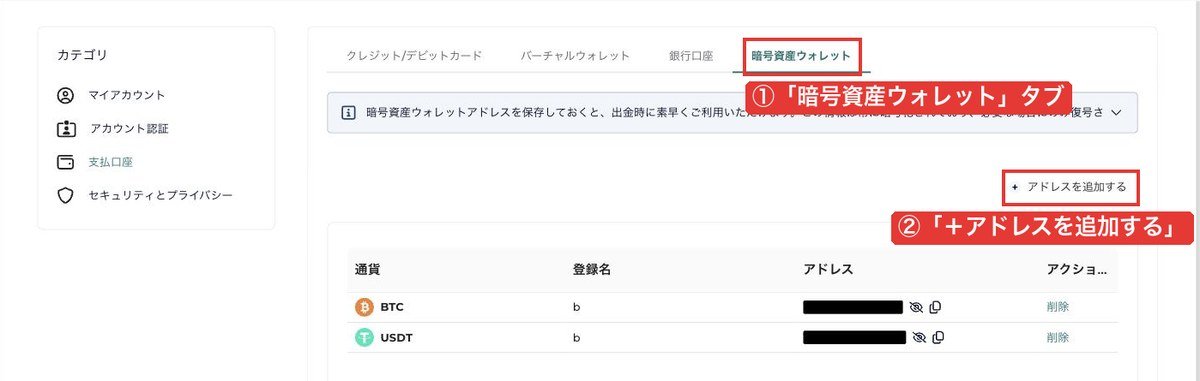 FXGT会員ページの支払口座。暗号資産ウォレットタブと「＋アドレスを追加する」