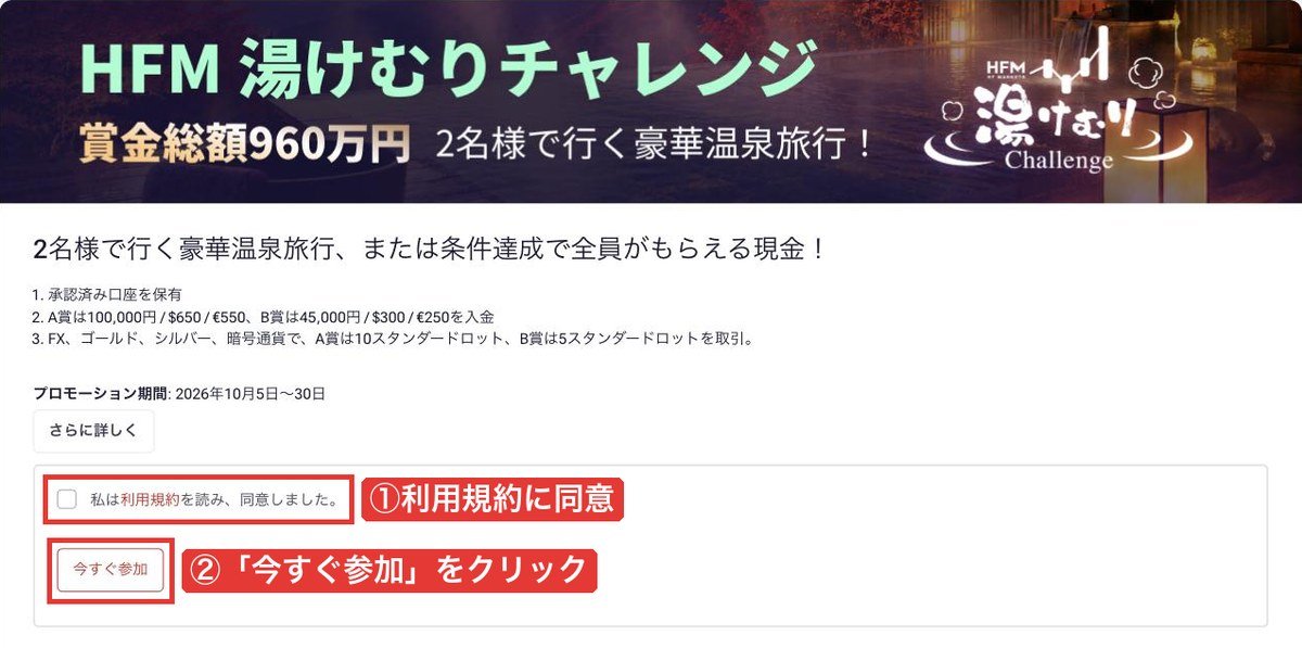 myHFの「HFM 湯けむりチャレンジ」の画面。利用規約に同意して「今すぐ参加」を押す