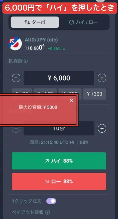 Titanオプションのターボで6,000円を入れて「ハイ」を押したときの「最大投資額：¥5000」の表示